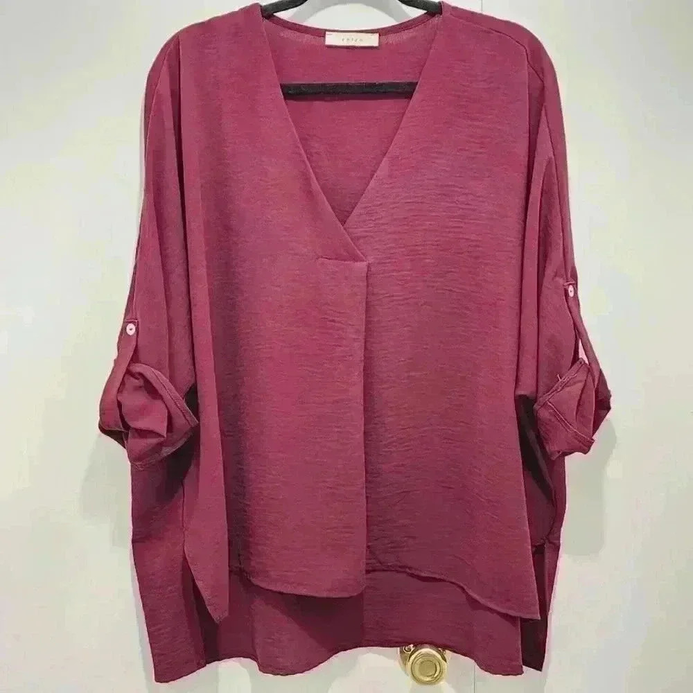 Entro Women's Roll Tab‎ Sleeve Blouse Purple Cranberry Maroon Size Large